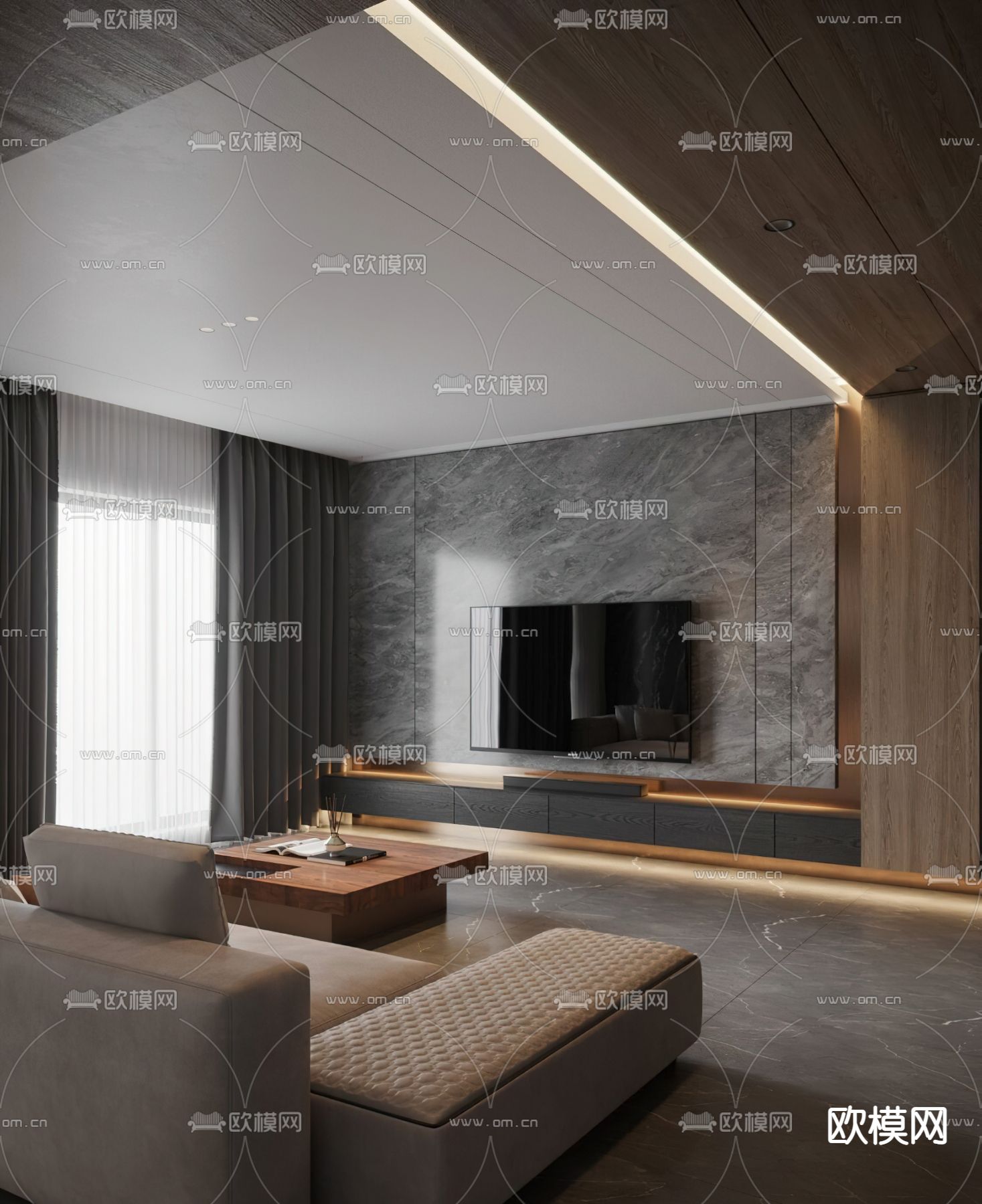 现代暗黑系客餐厅3d模型下载（渲染图2）