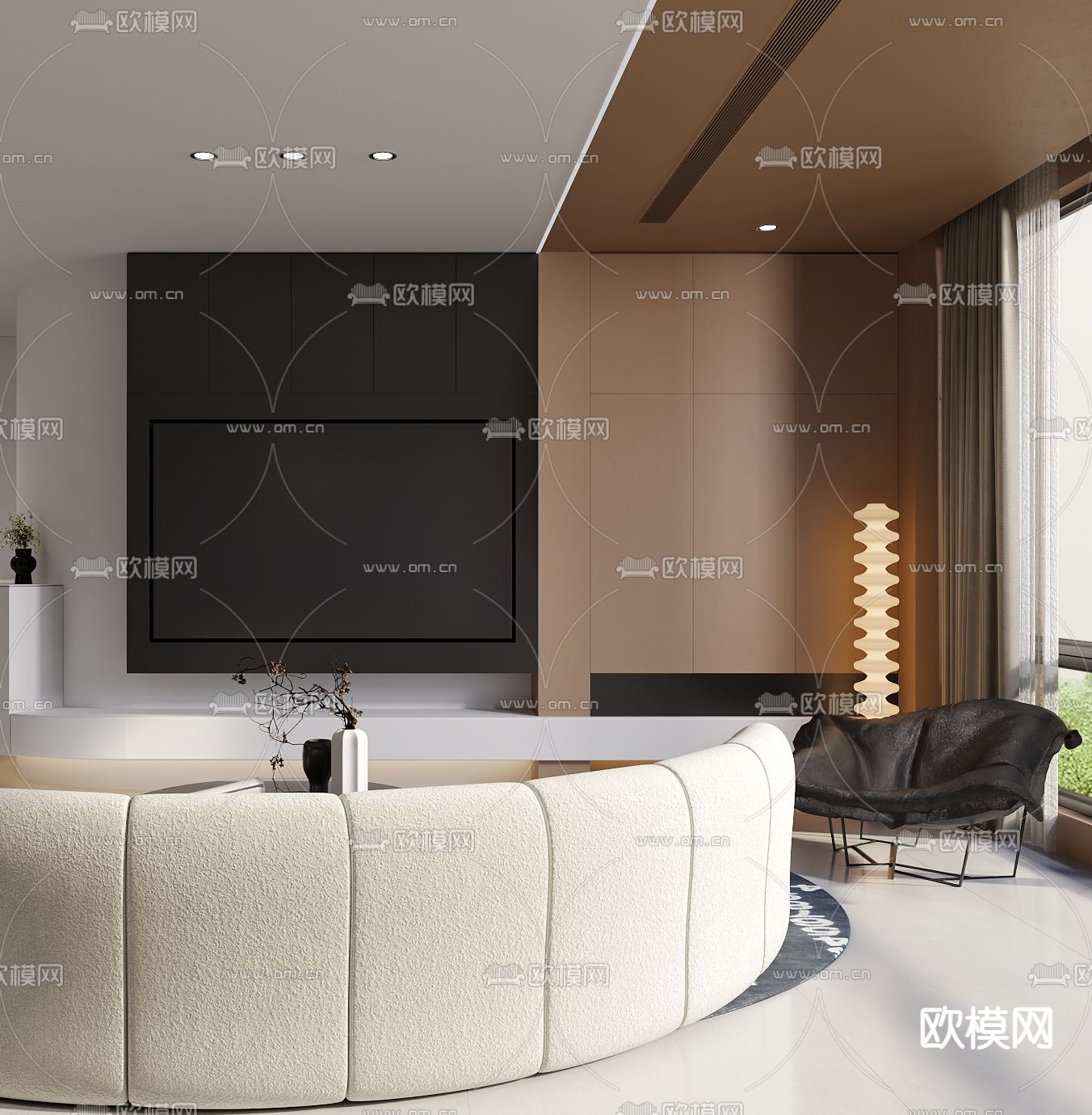 现代奶油风客厅餐厅3d模型下载（渲染图6）