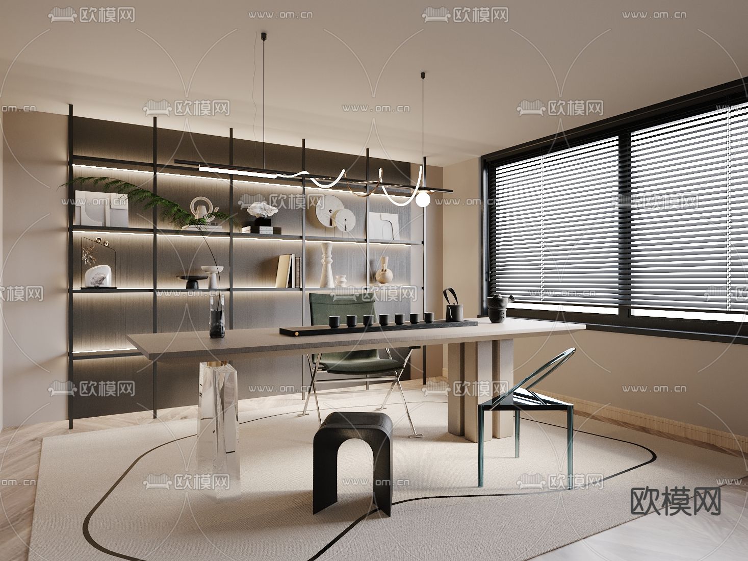 现代奶油风书房3d模型下载_ID12116442_3dmax免费模型-欧模网