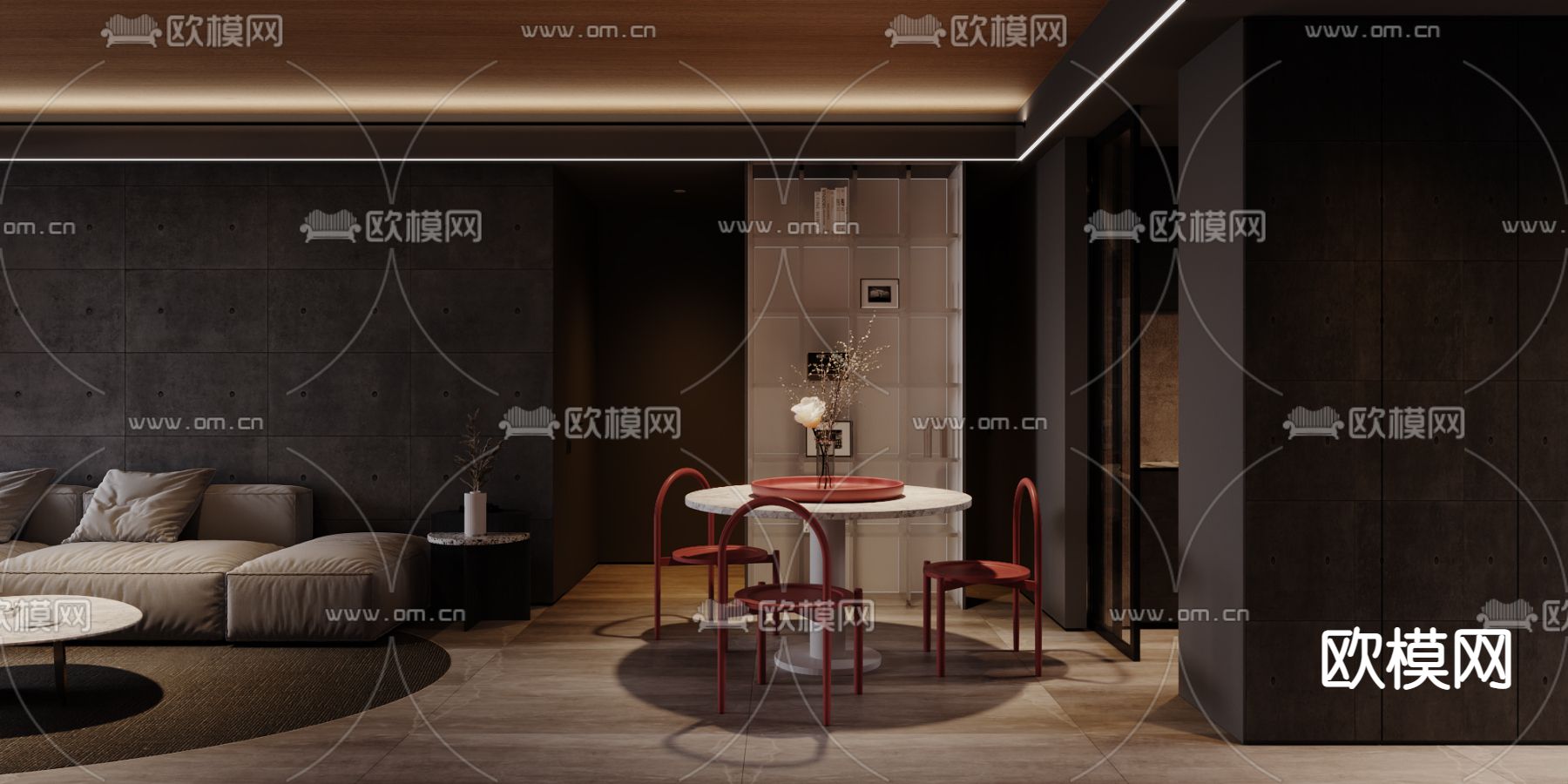 现代暗黑风客厅餐厅3d模型下载（渲染图6）