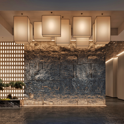  新中式会所大厅 大堂su模型 