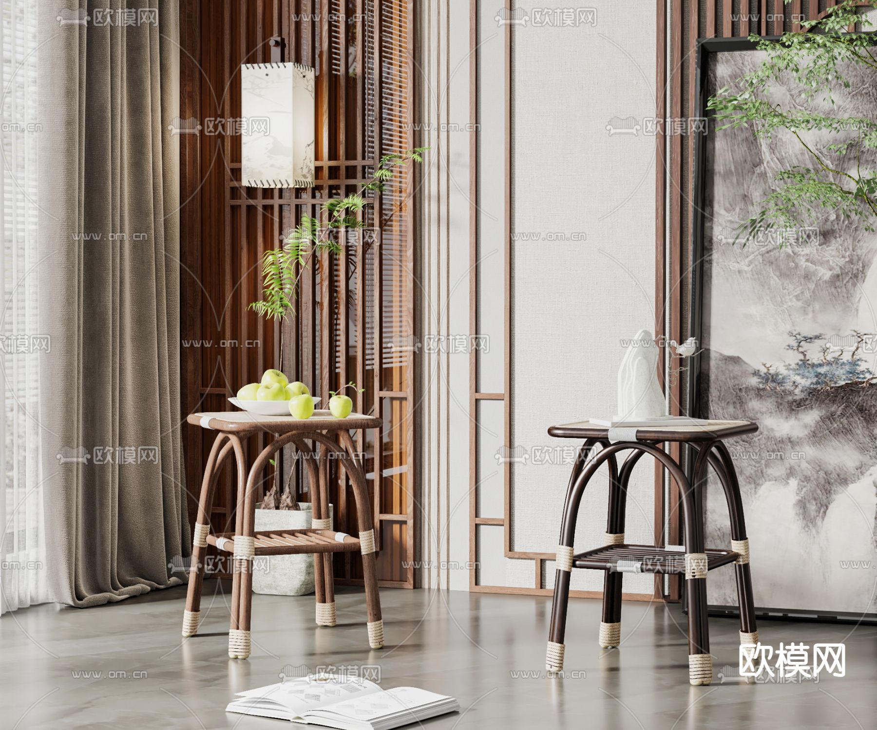 新中式边几 角几 圆几3d模型下载