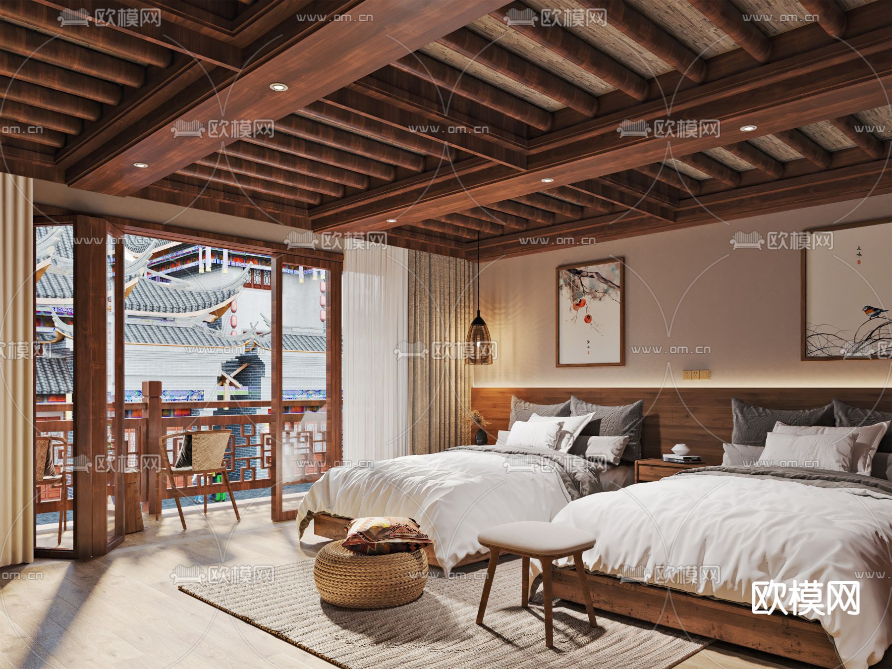 新中式双人房民宿3d模型下载（渲染图1）