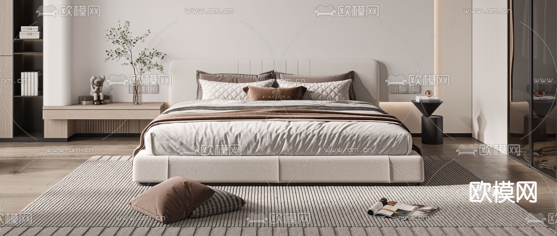 现代奶油风双人床su模型下载（渲染图1）