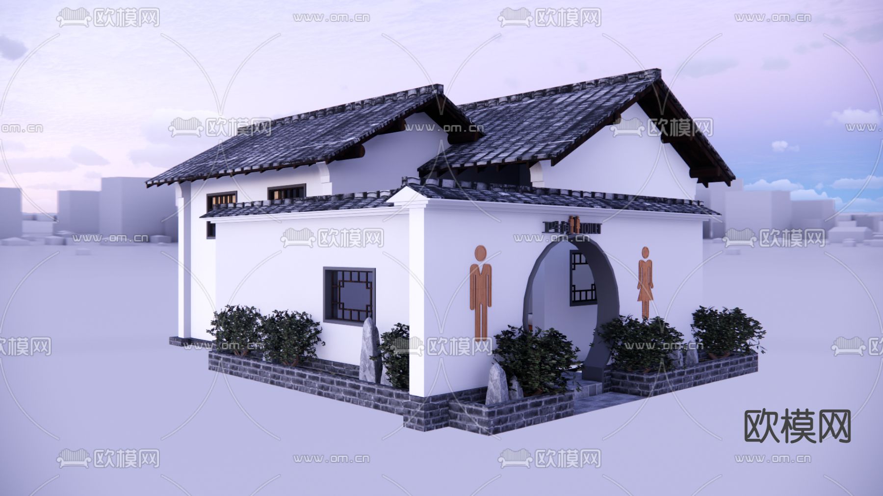 中式户外公共卫生间su模型下载（渲染图1）