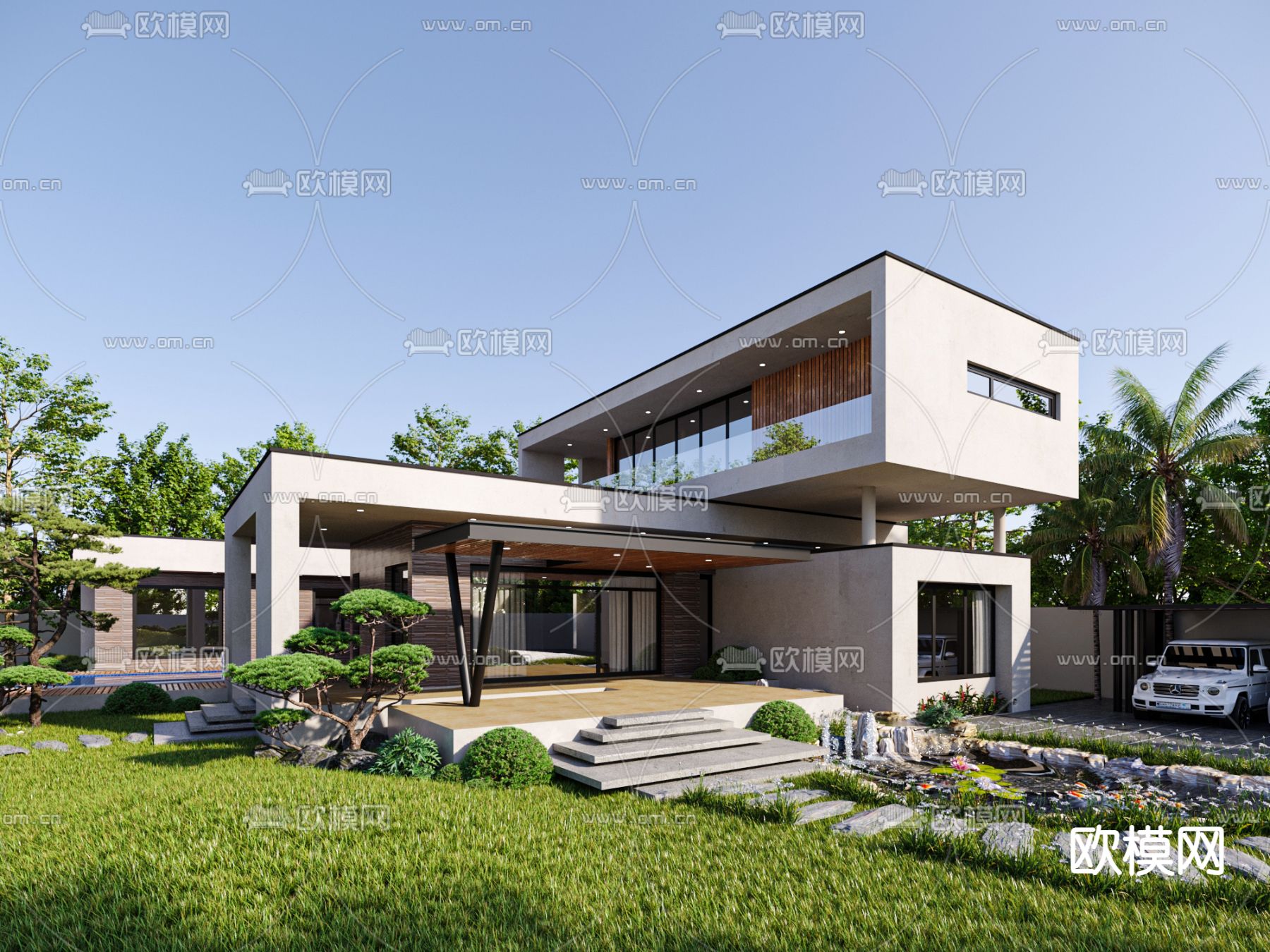 现代独栋别墅外观3d模型下载（渲染图1）