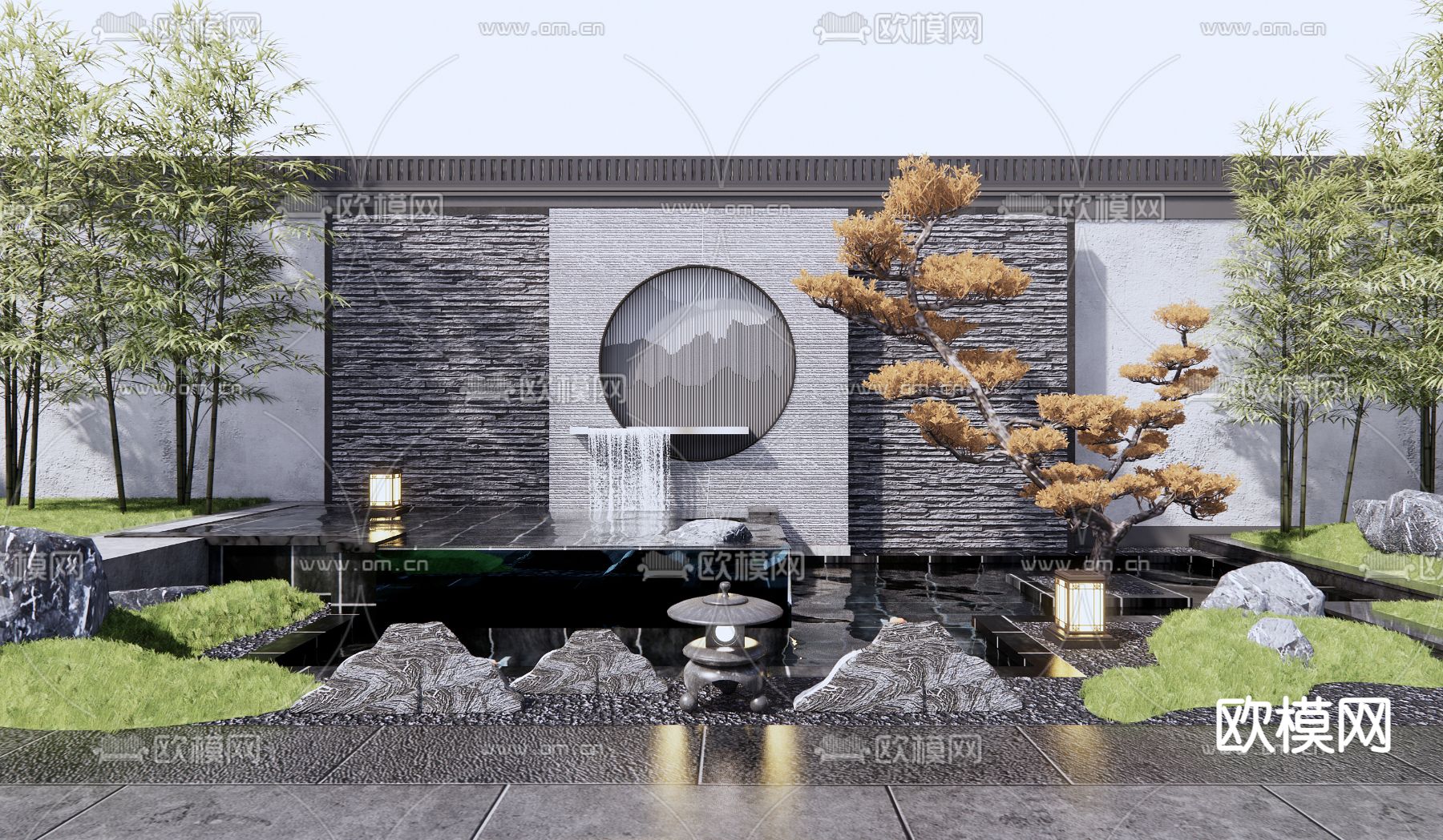 新中式跌水景墙小品su模型下载_ID12118660_sketchup模型下载-欧模网
