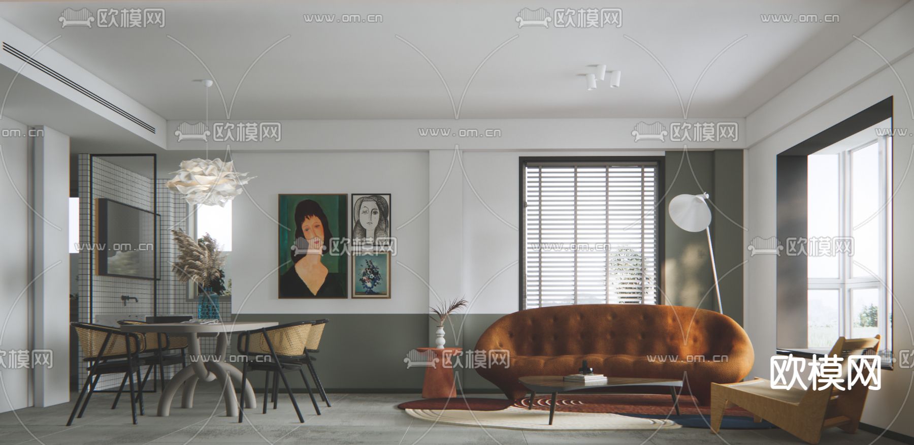 北欧客厅餐厅su模型下载（渲染图1）