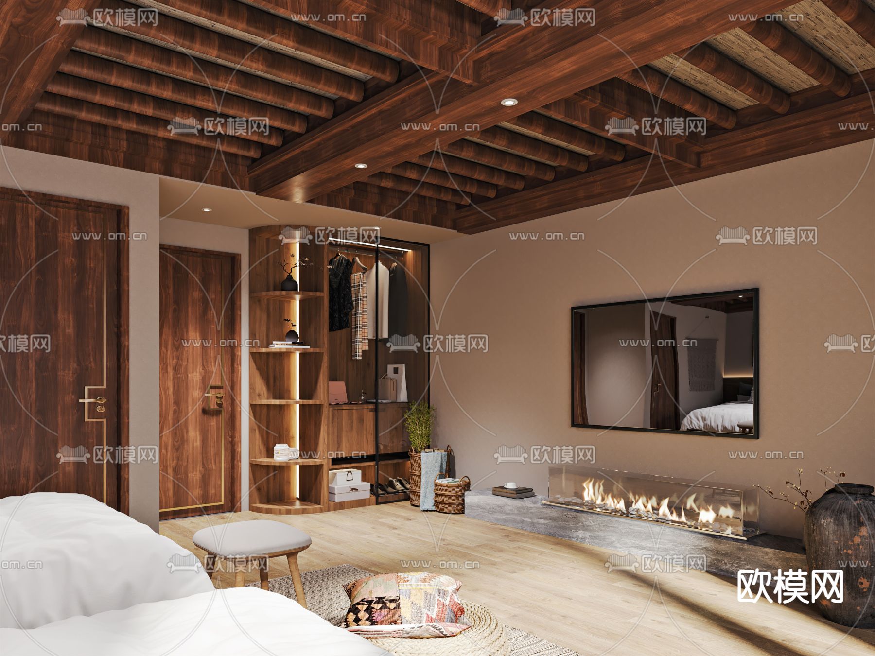 新中式双人房民宿3d模型下载（渲染图2）