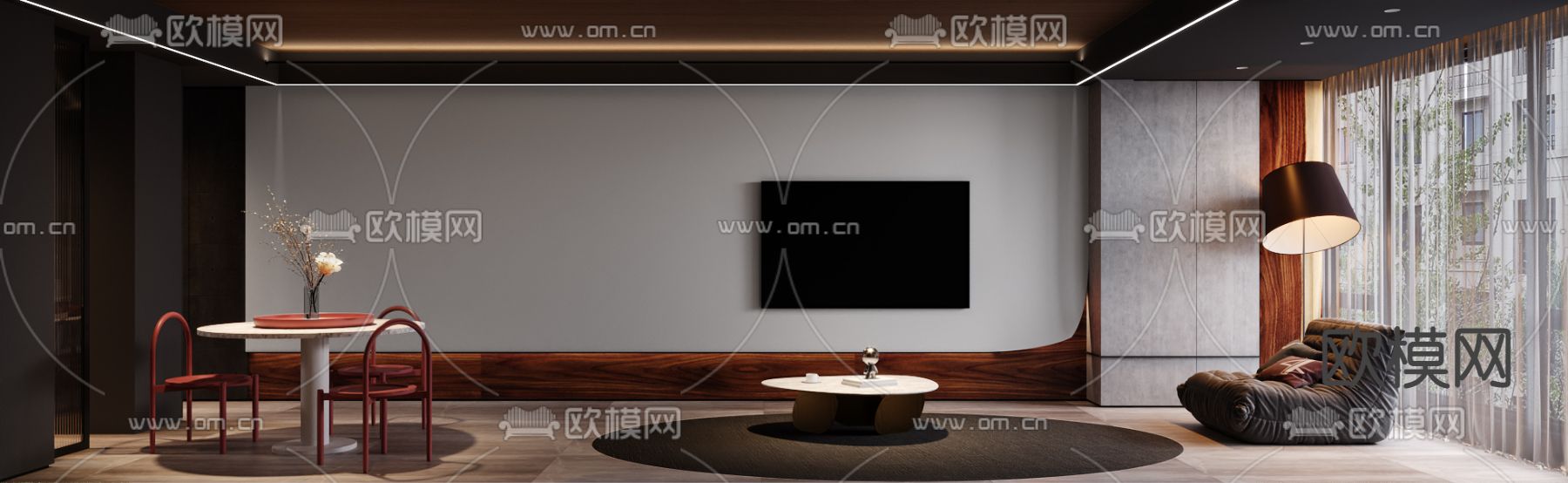 现代暗黑风客厅餐厅3d模型下载（渲染图8）