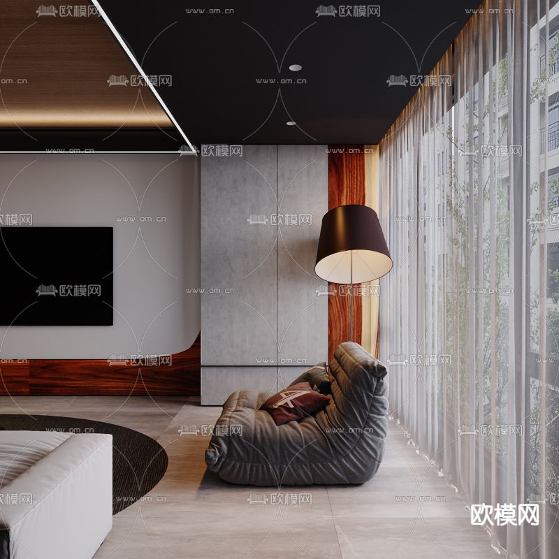 现代暗黑风客厅餐厅3d模型下载（渲染图7）