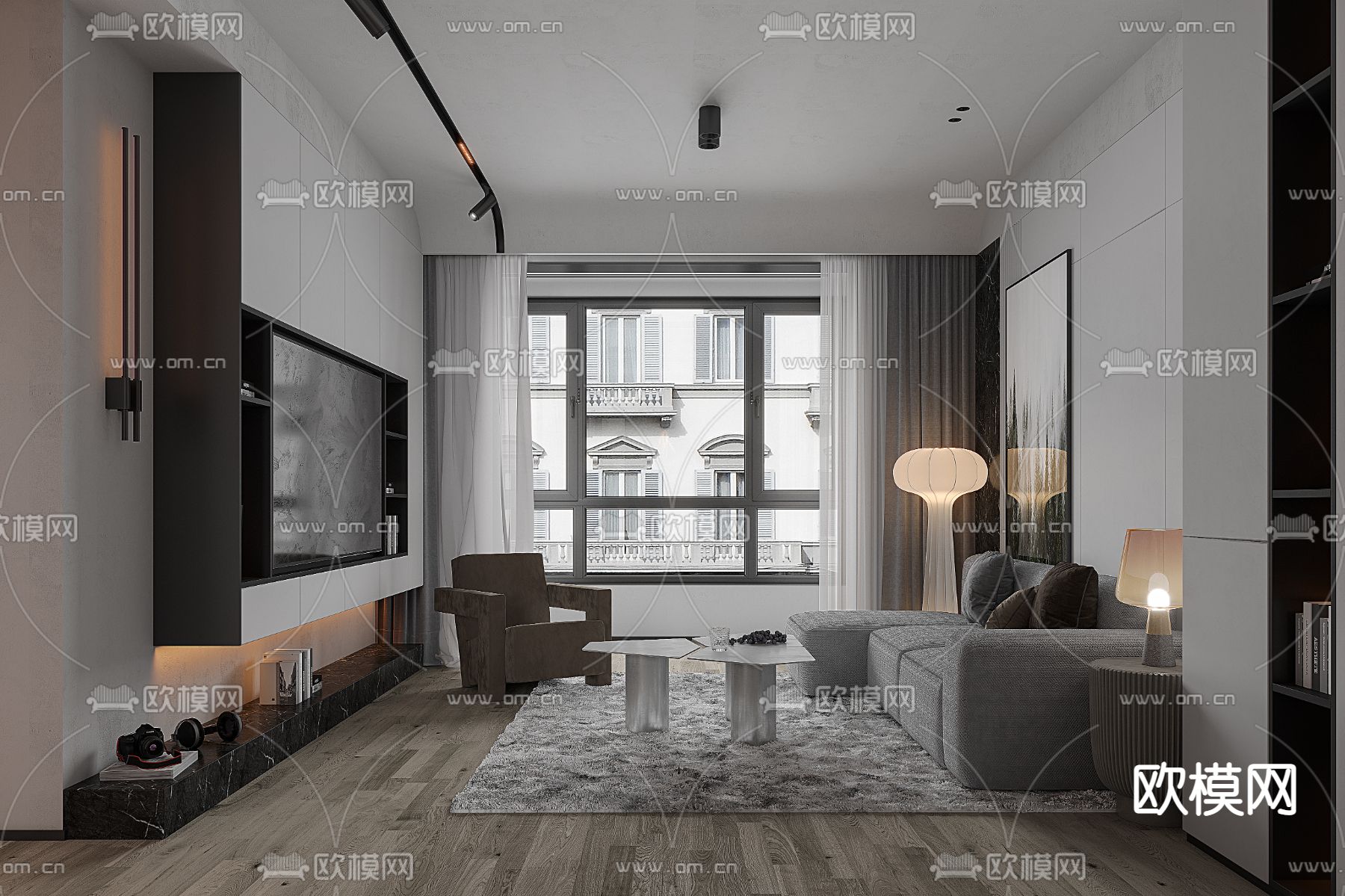 现代高级灰客厅餐厅3d模型