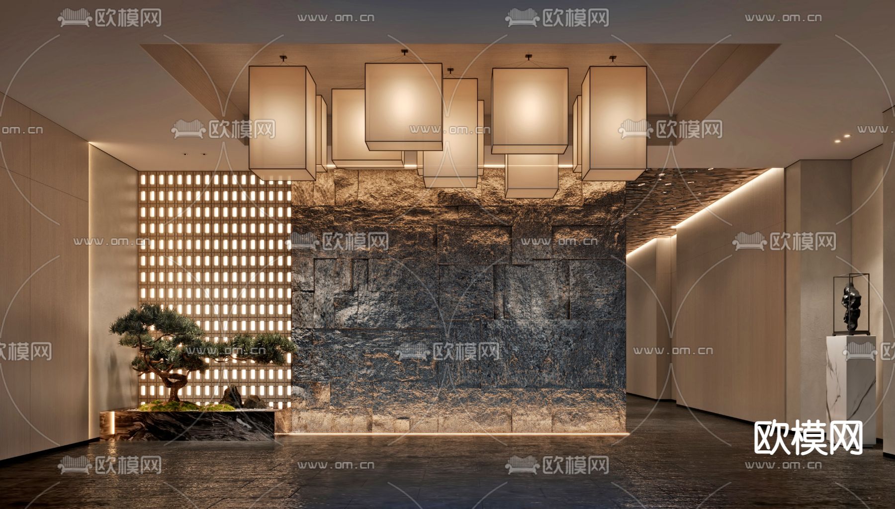 新中式会所大厅 大堂su模型下载（渲染图1）