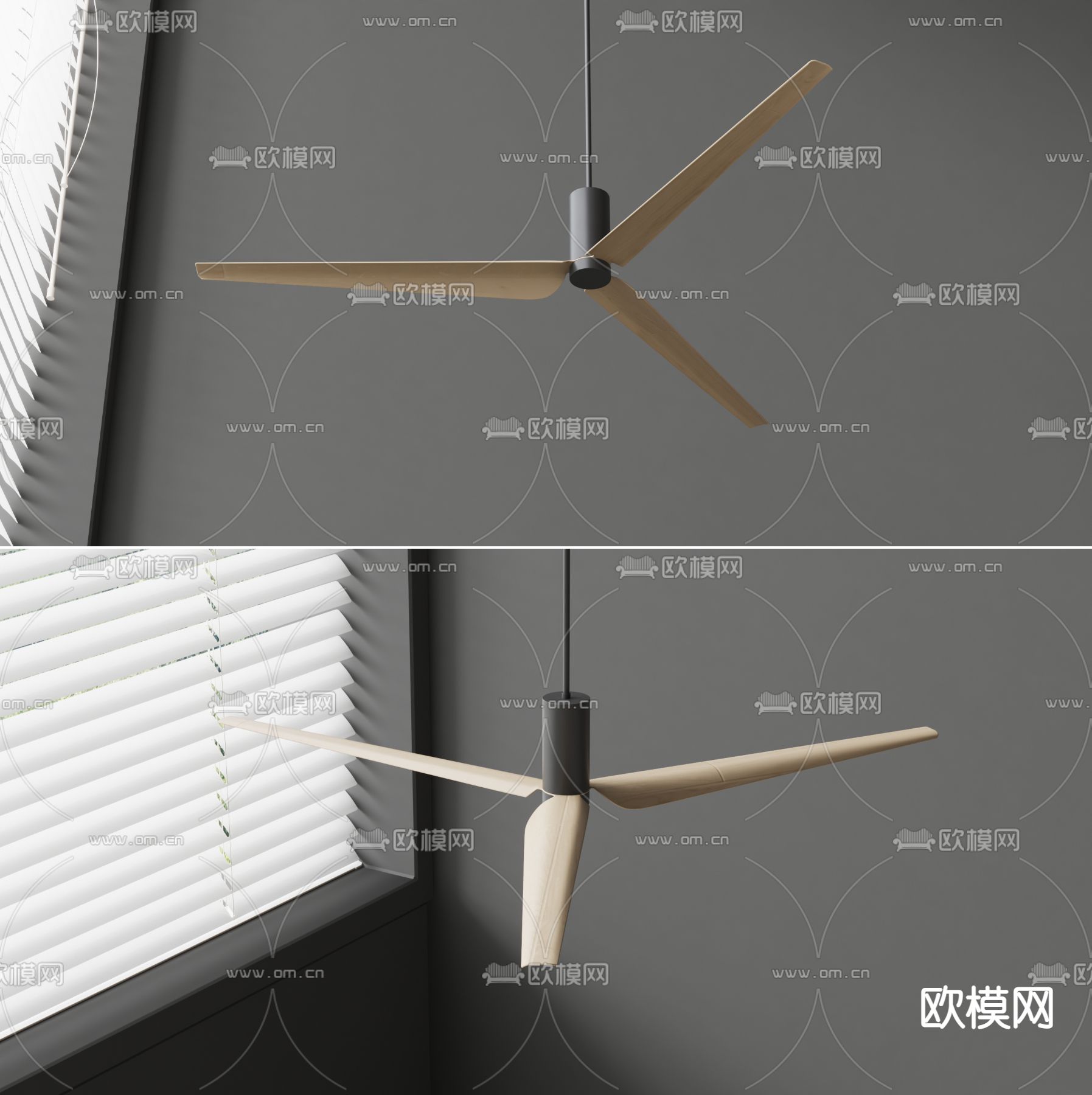 侘寂风三扇吊扇su模型下载（渲染图1）