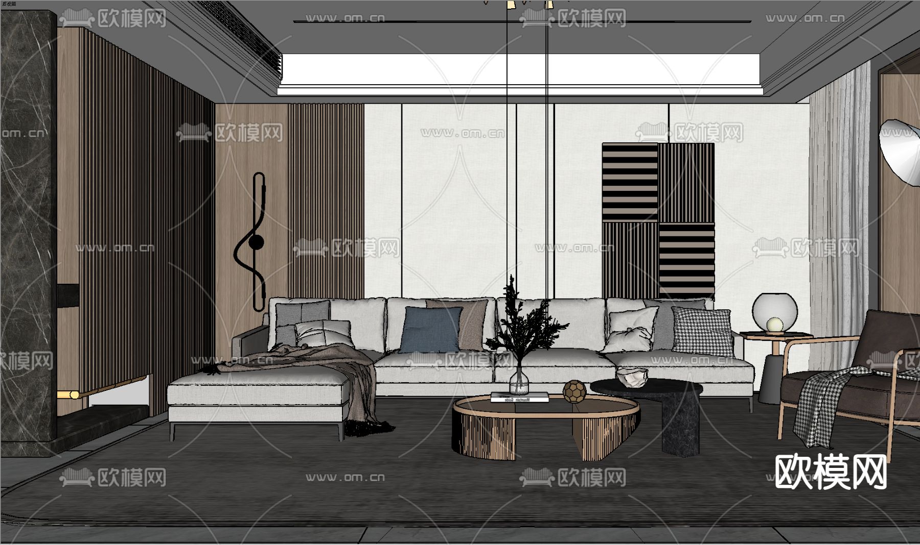 现代组合沙发su模型下载（渲染图2）