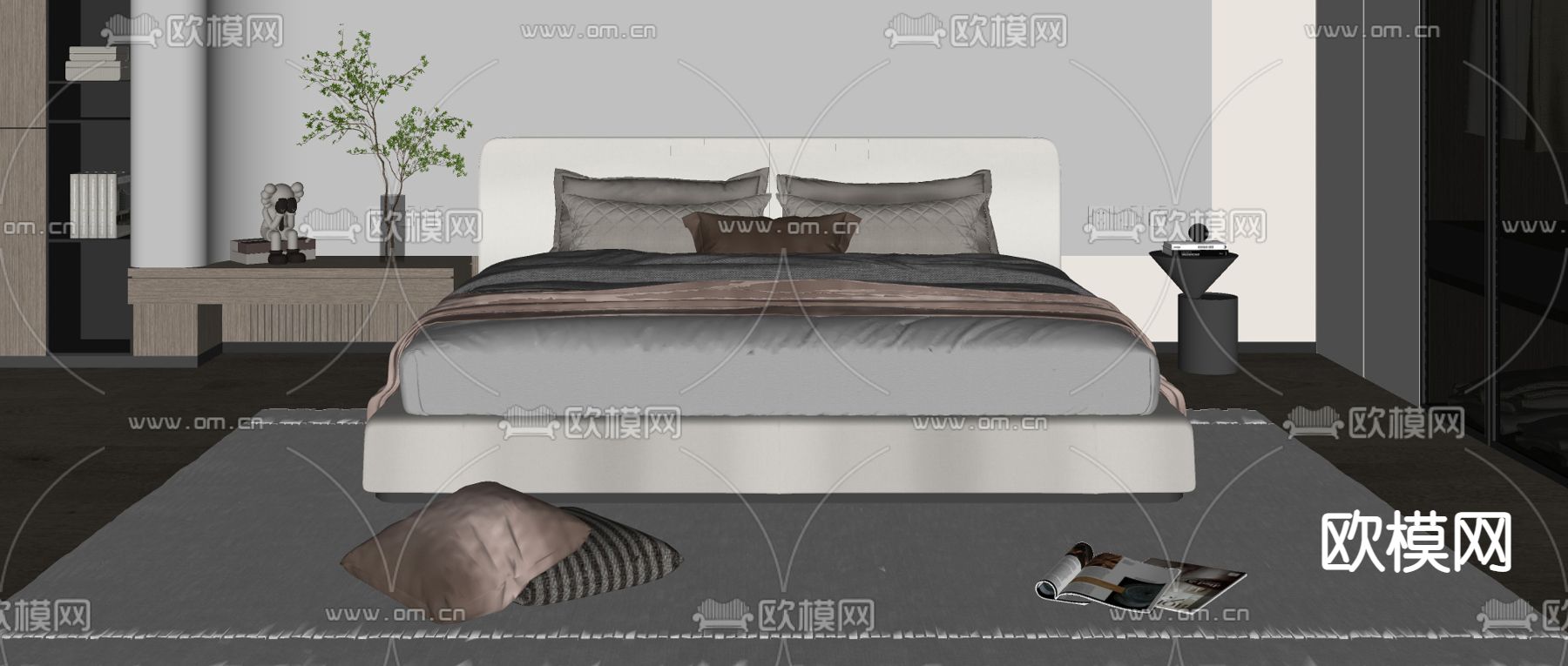 现代奶油风双人床su模型下载（渲染图2）