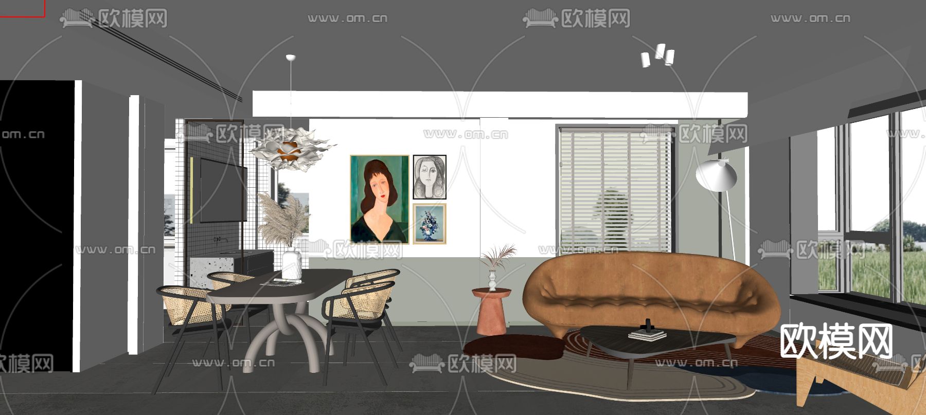 北欧客厅餐厅su模型下载（渲染图2）