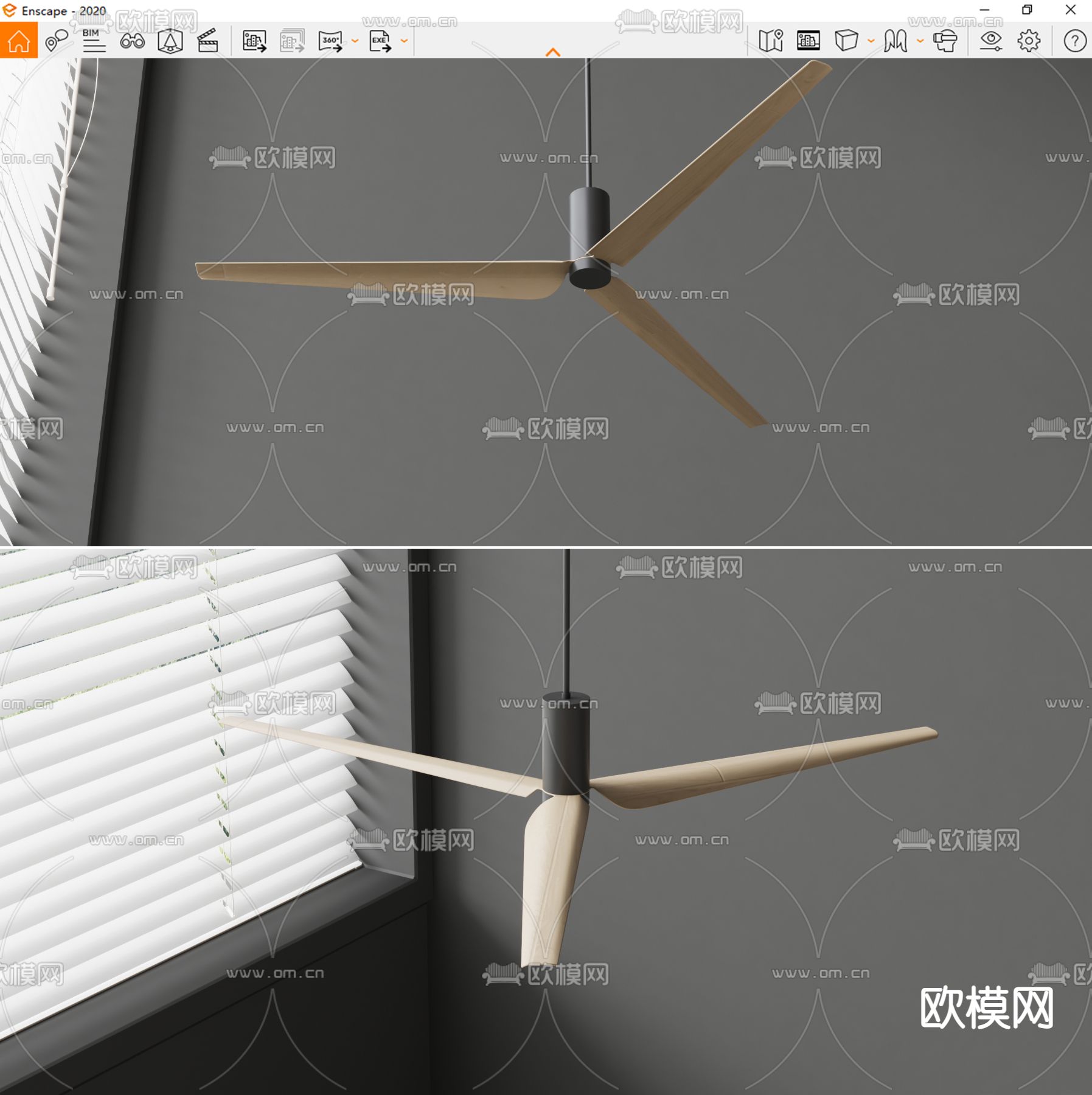 侘寂风三扇吊扇su模型下载（渲染图6）