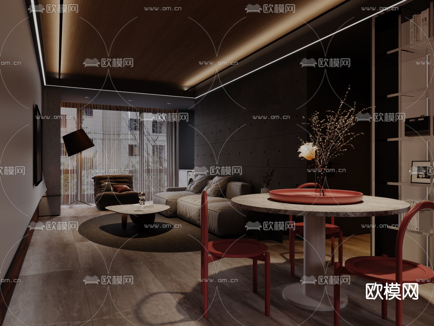 现代暗黑风客厅餐厅3d模型下载（渲染图4）