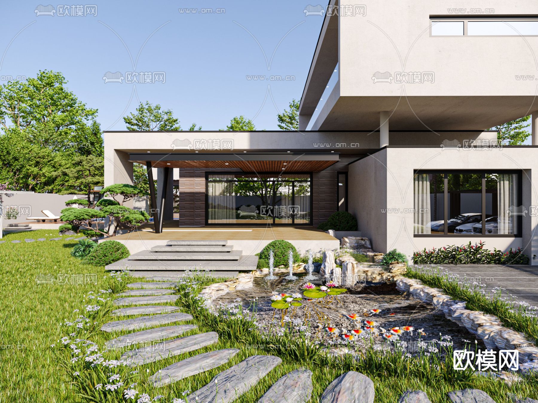 现代独栋别墅外观3d模型下载（渲染图3）