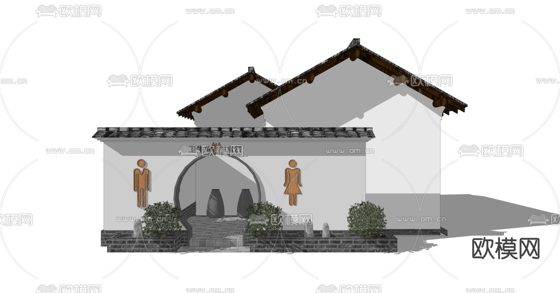 中式户外公共卫生间su模型下载（渲染图2）