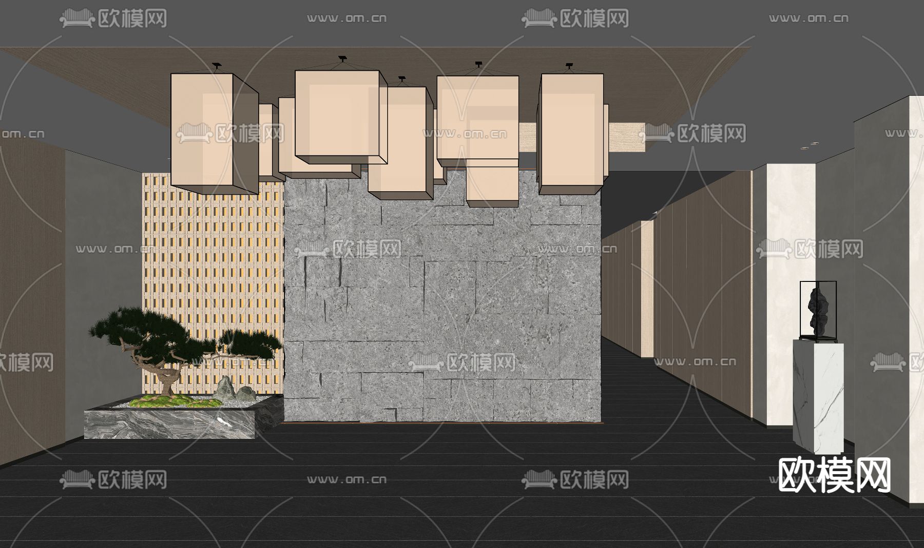 新中式会所大厅 大堂su模型下载（渲染图2）