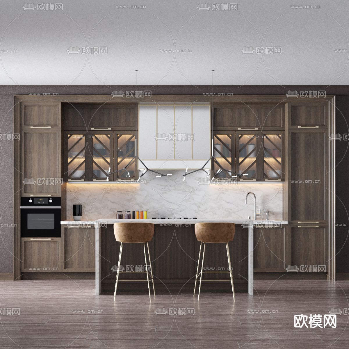 新中式轻奢实木大理石橱柜中岛台免费3d模型下载_ID12118552_3dmax免费模型-欧模网