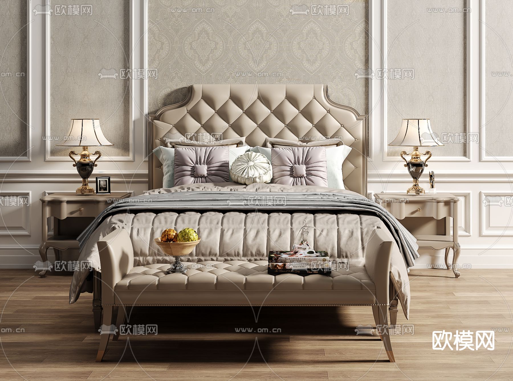 简欧双人床3d模型下载