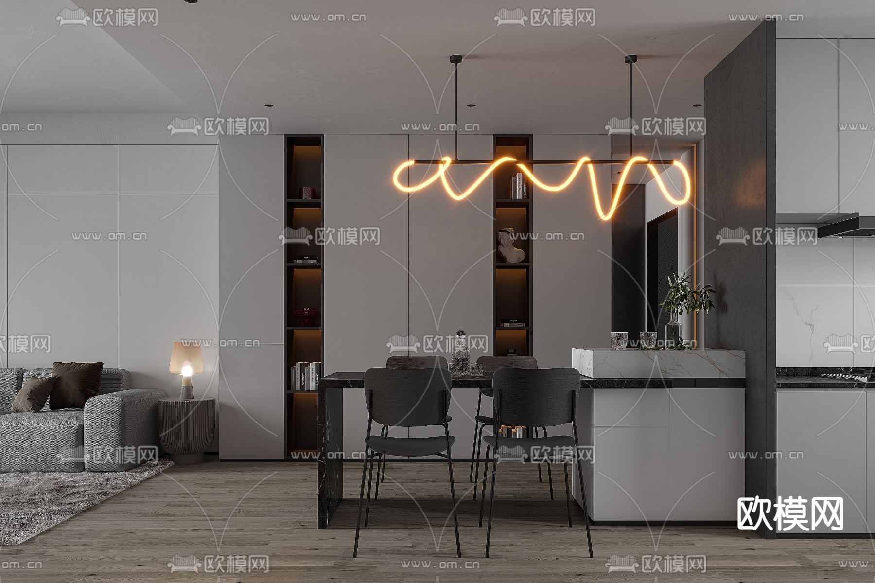 现代高级灰客厅餐厅3d模型