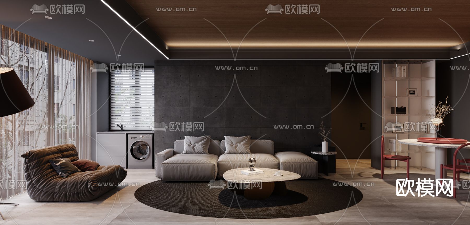 现代暗黑风客厅餐厅3d模型下载（渲染图1）