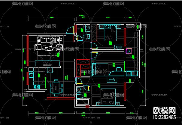多种住宅户型CAD施工图下载（渲染图2）