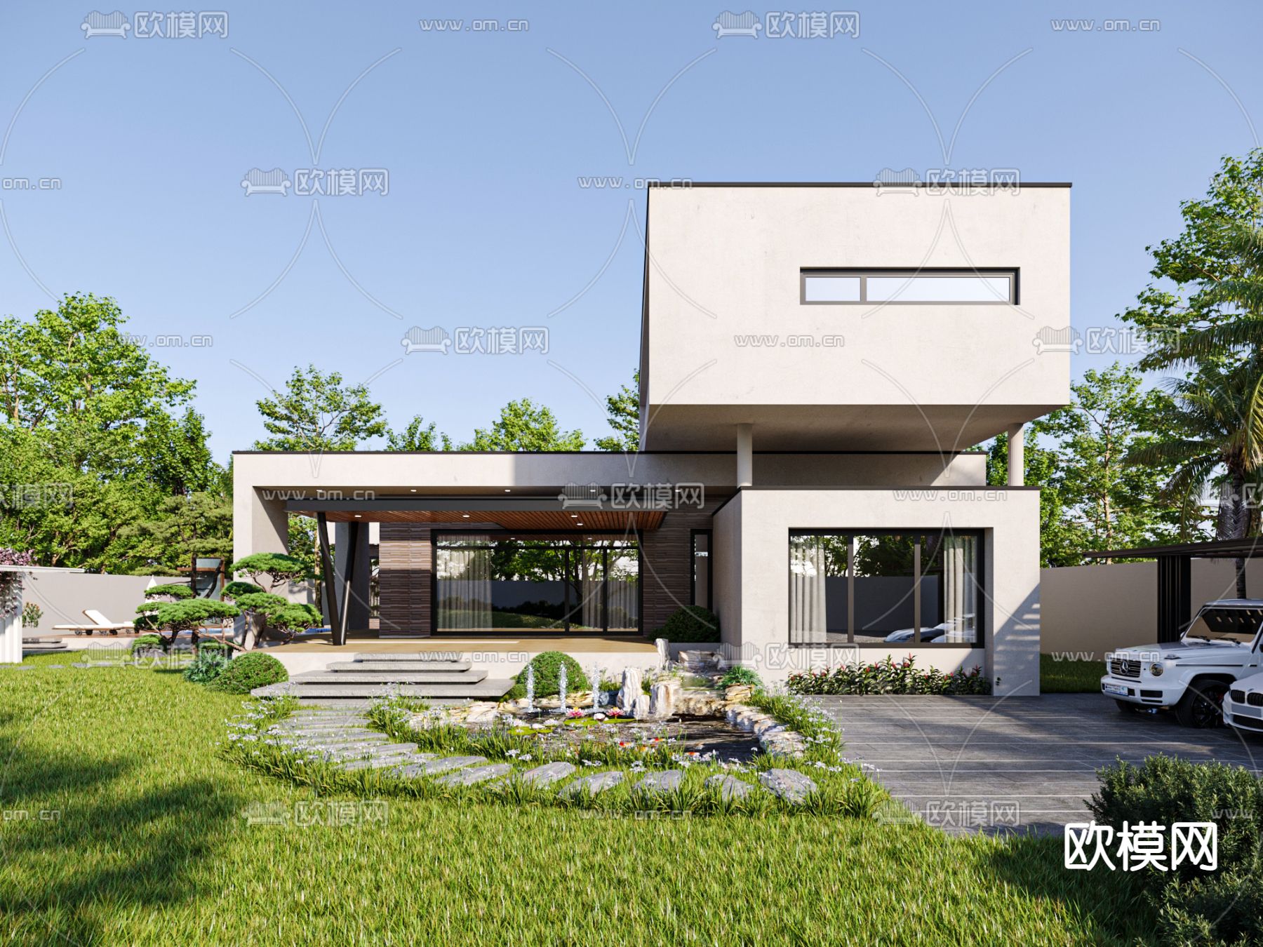 现代独栋别墅外观3d模型下载（渲染图2）