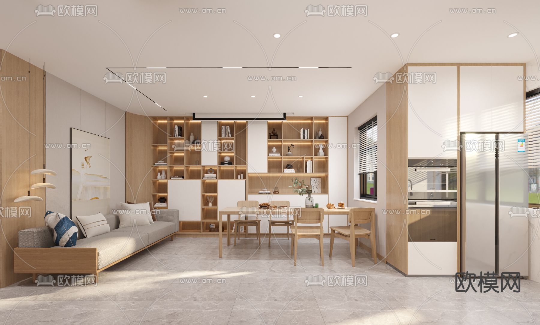 日式客厅餐厅3d模型下载（渲染图1）