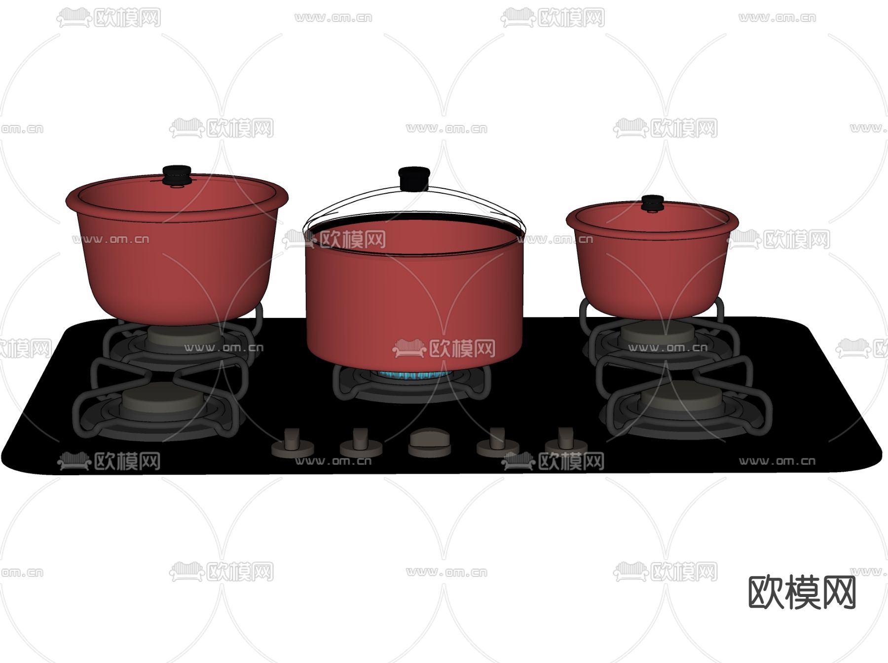 现代燃气灶锅具组合su模型下载（渲染图2）