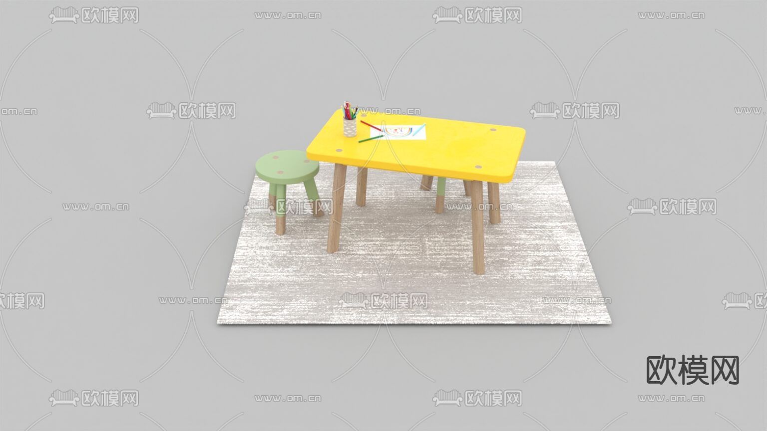 北欧简约实木儿童桌椅免费3d模型下载