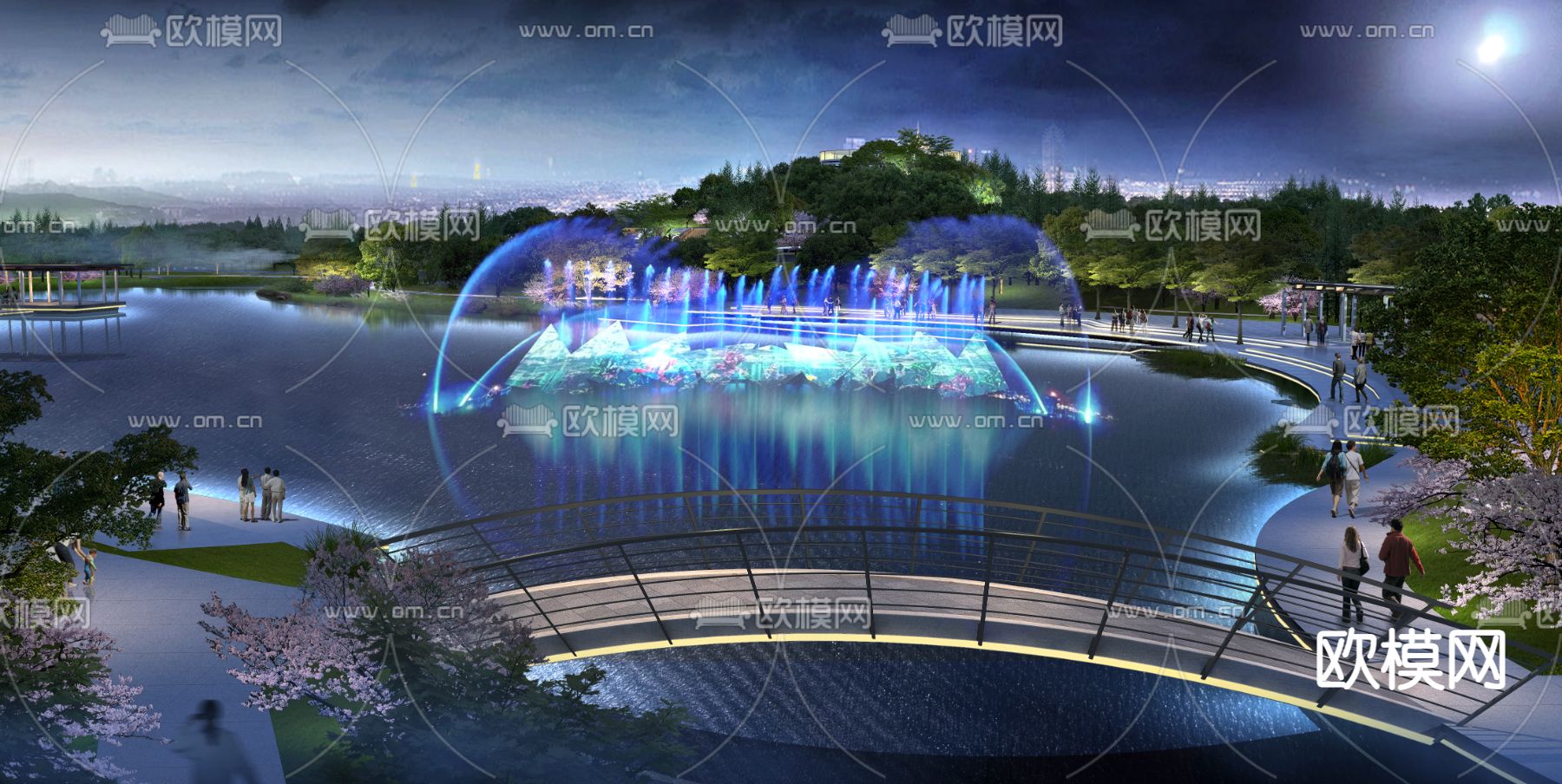 现代公园海上喷泉夜景景观psd下载