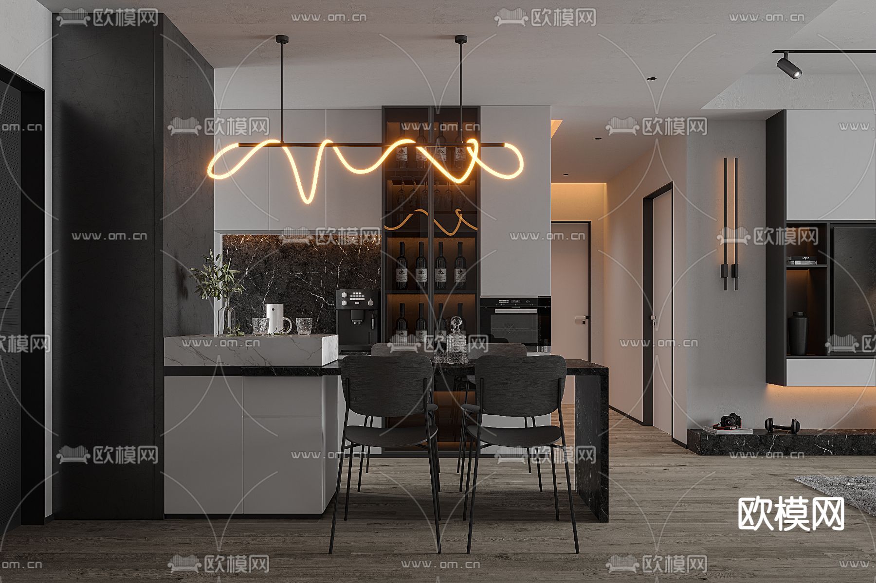现代高级灰客厅餐厅3d模型