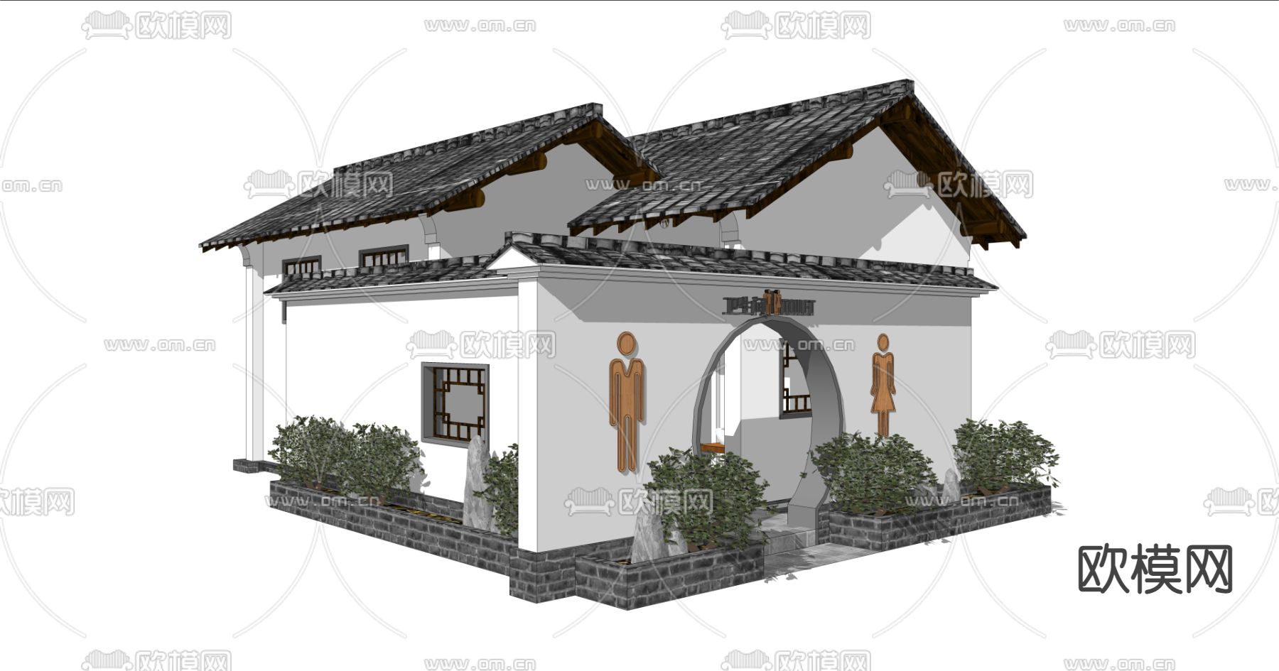 中式户外公共卫生间su模型下载（渲染图3）