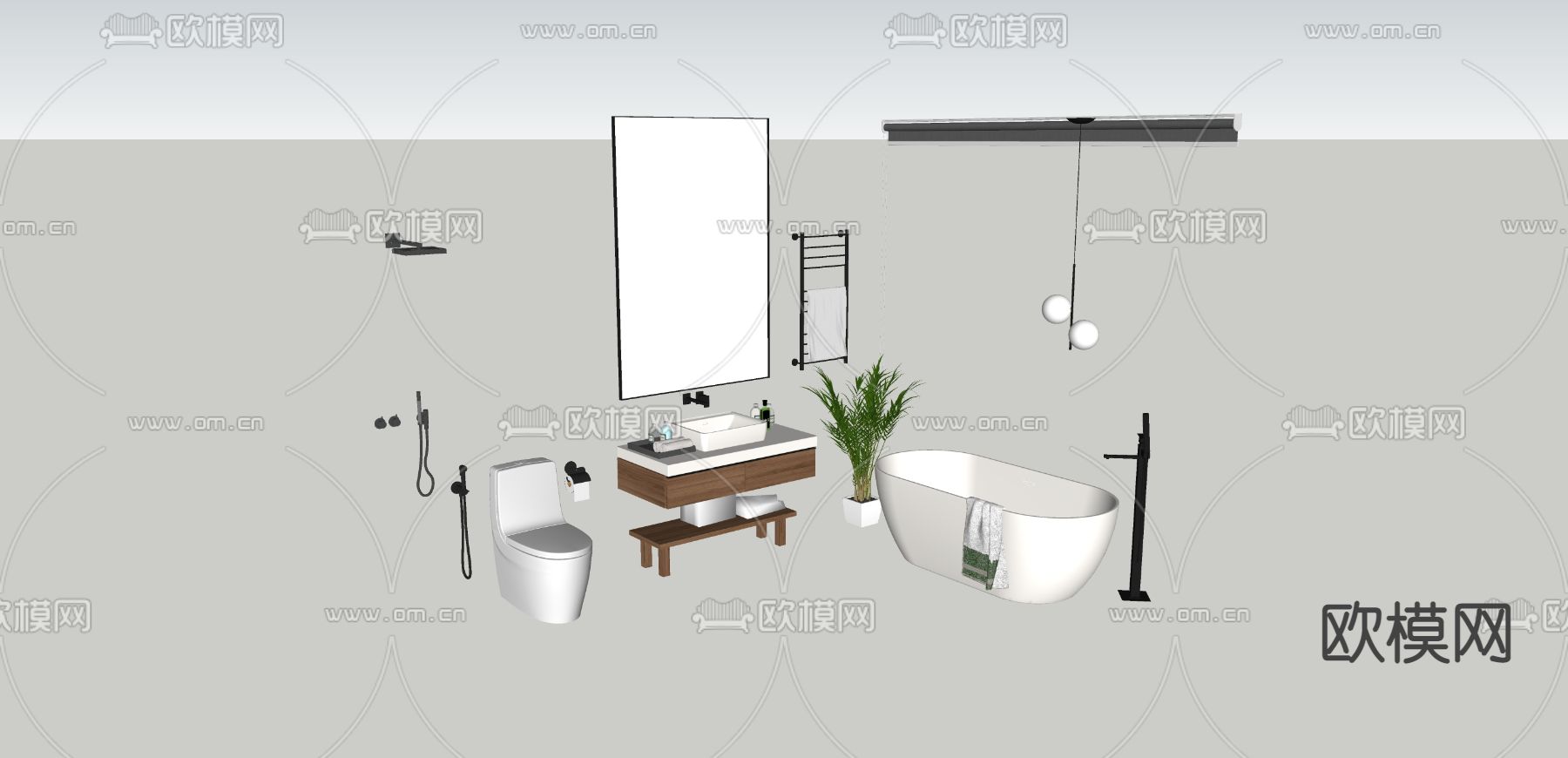 现代浴缸 洁具 浴室柜su模型下载（渲染图2）