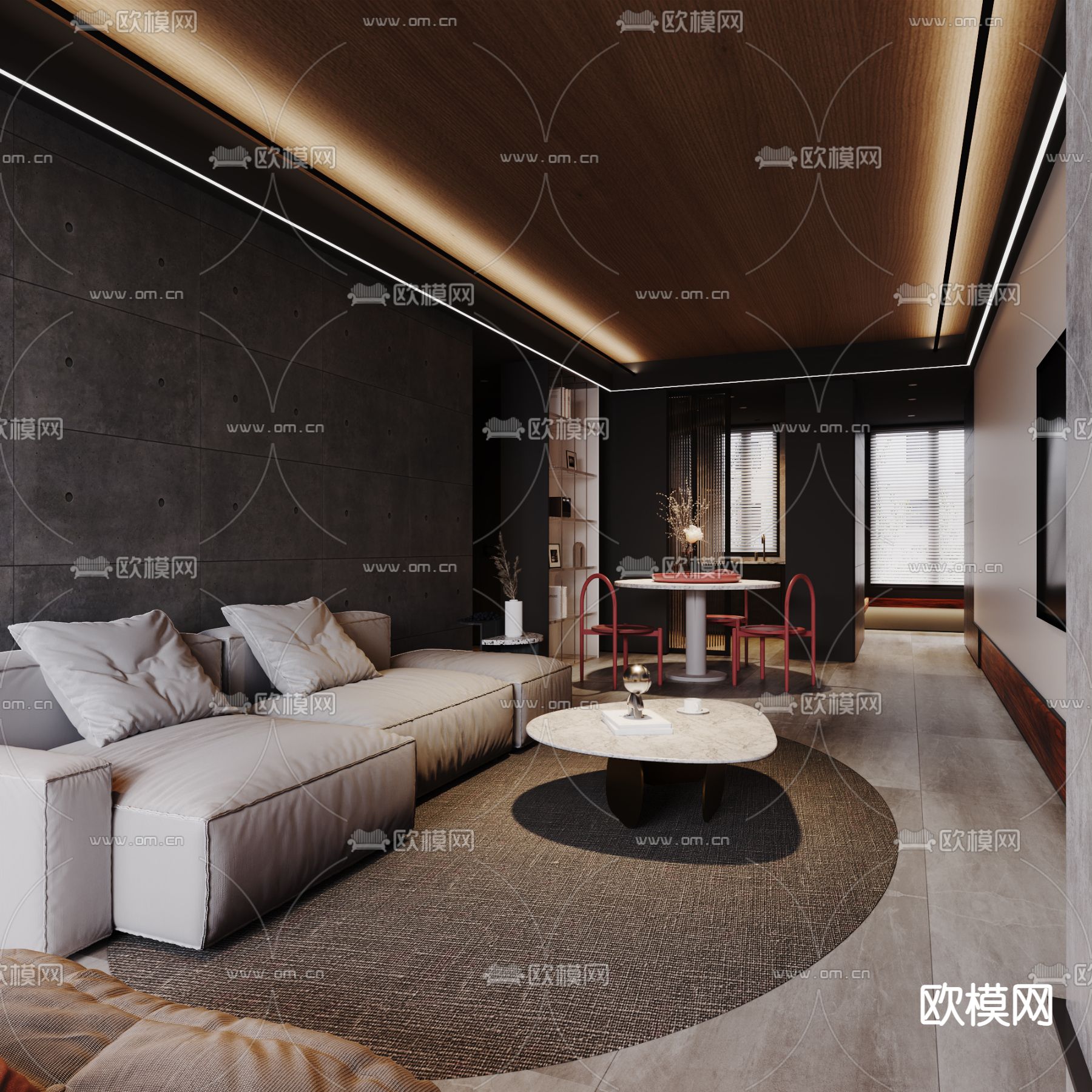 现代暗黑风客厅餐厅3d模型下载（渲染图9）