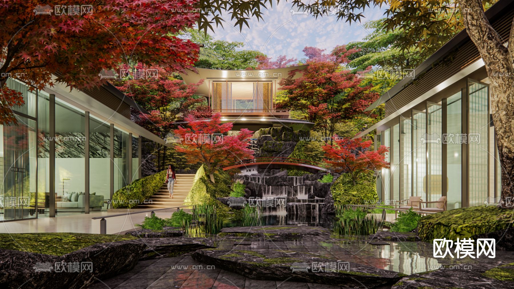 新中式下沉庭院景观su模型下载（渲染图1）