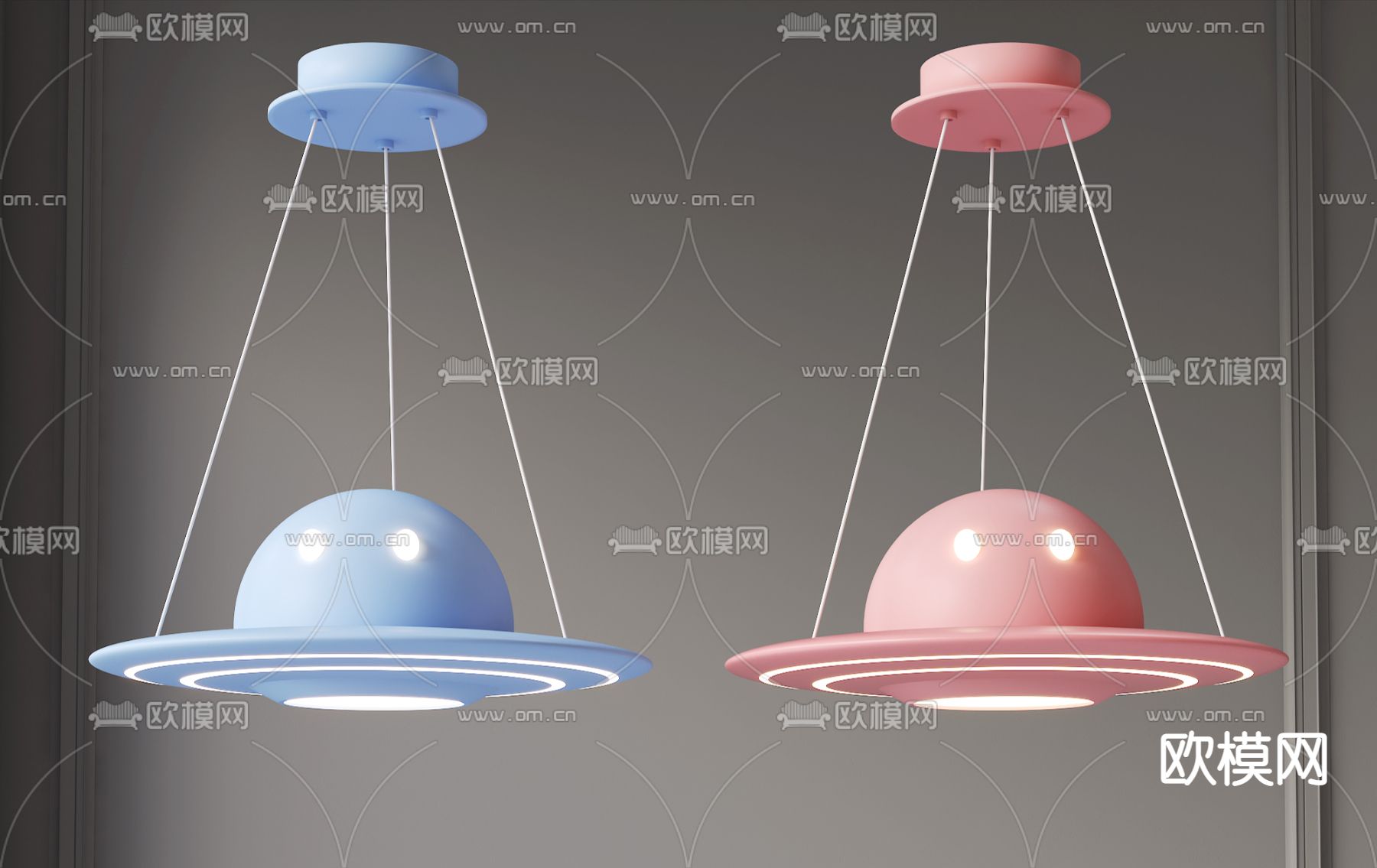 现代蓝粉星球儿童吊灯su模型下载（渲染图1）