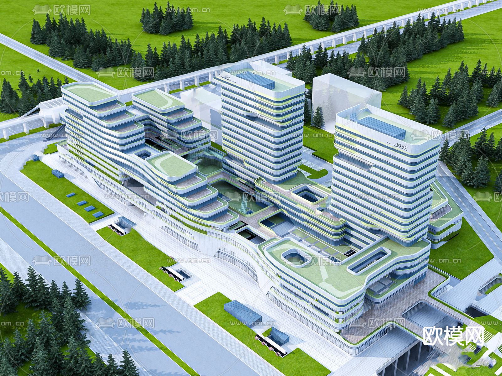 现代产业园办公楼鸟瞰su模型下载（渲染图1）