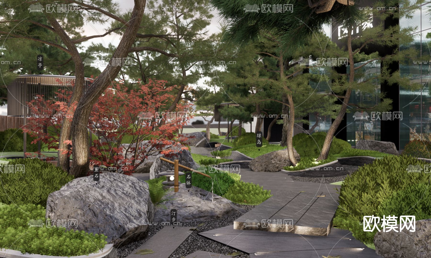 日式别墅庭院夜景su模型下载（渲染图1）