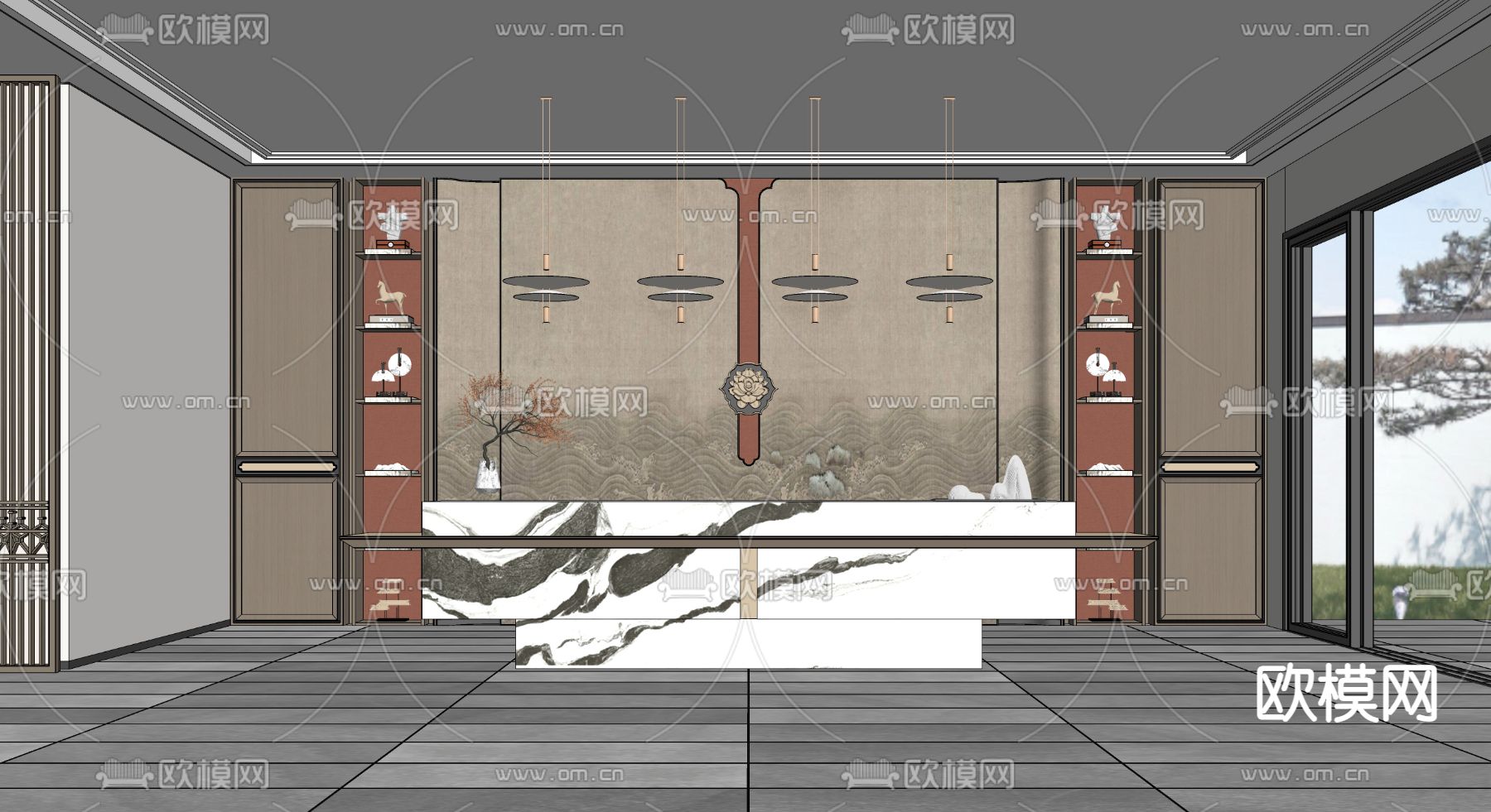 新中式前台 接待台 服务台su模型下载（渲染图2）