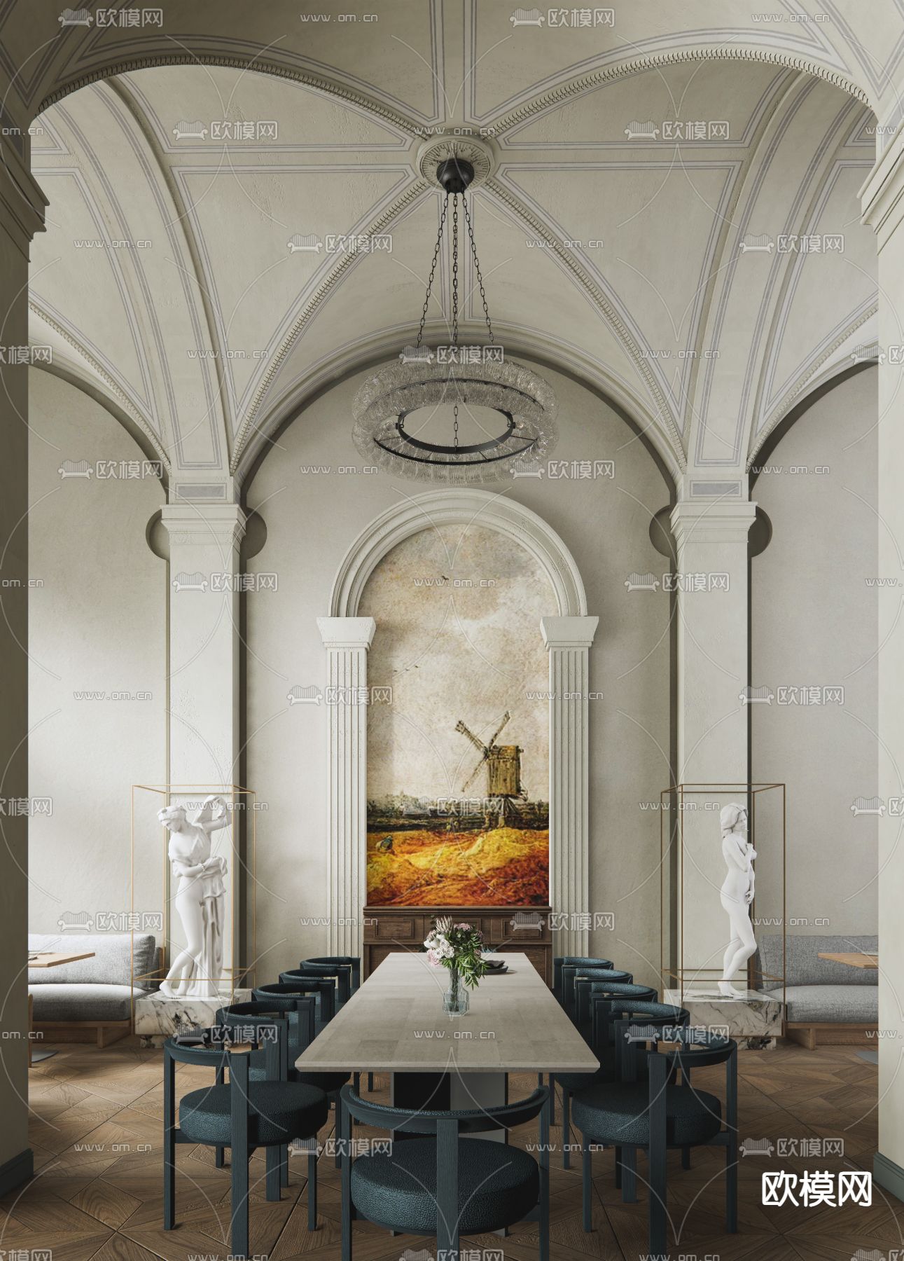 欧式中古西餐厅su模型下载（渲染图1）