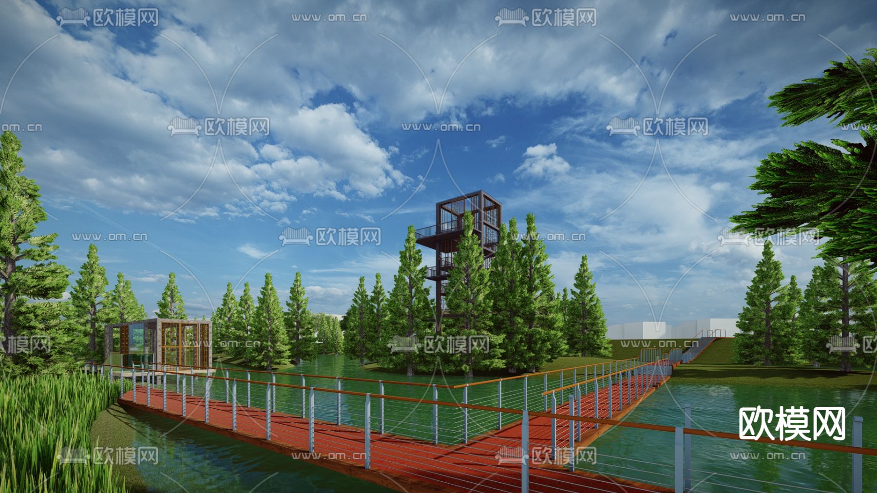 新中式城市滨水公园景观su模型下载（渲染图3）