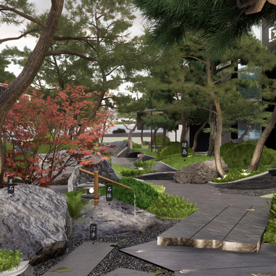  日式别墅庭院夜景su模型 