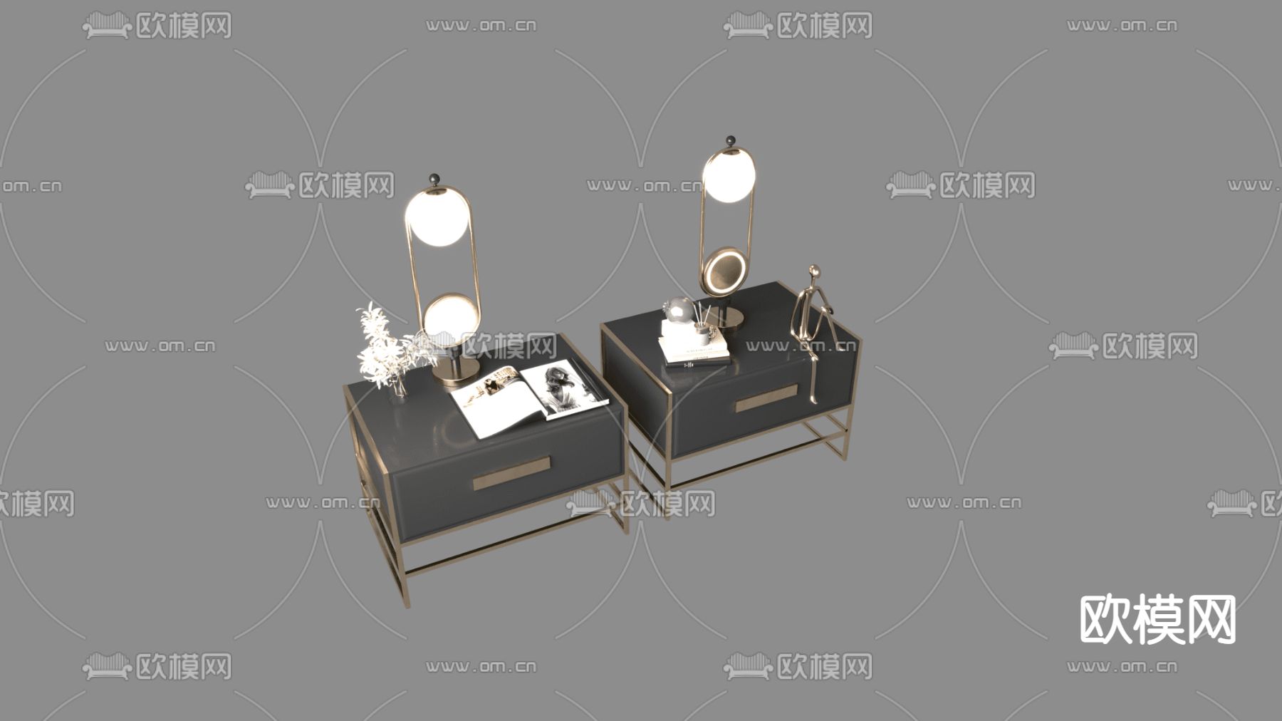 现代轻奢不锈钢实木床头柜免费3d模型下载