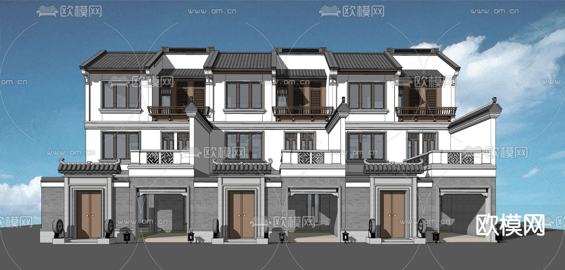 新中式联排别墅外观su模型下载_ID12114923_sketchup模型下载-欧模网